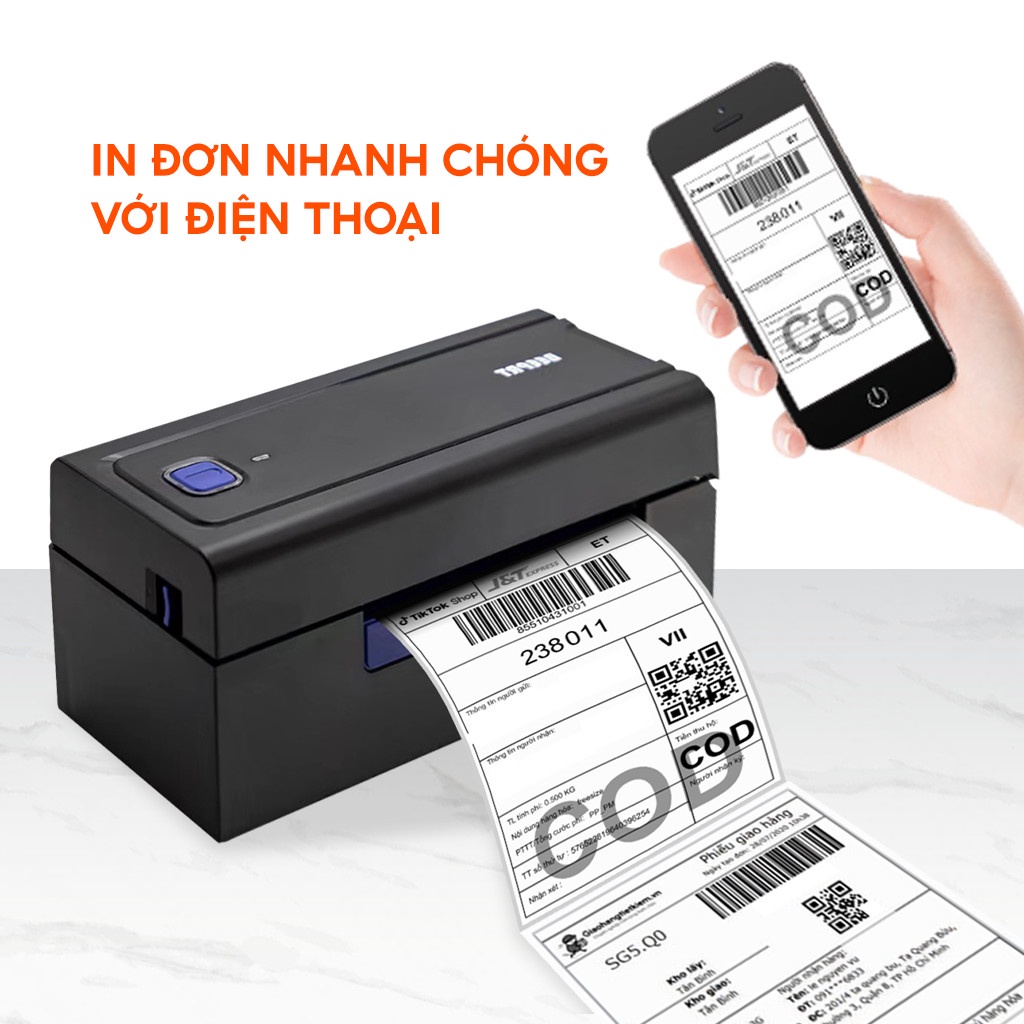 Máy in nhiệt đơn sàn TMĐT, in đơn qua điện thoại 480BT, in mã vận chuyển, tem, logo bảo hành 15 tháng