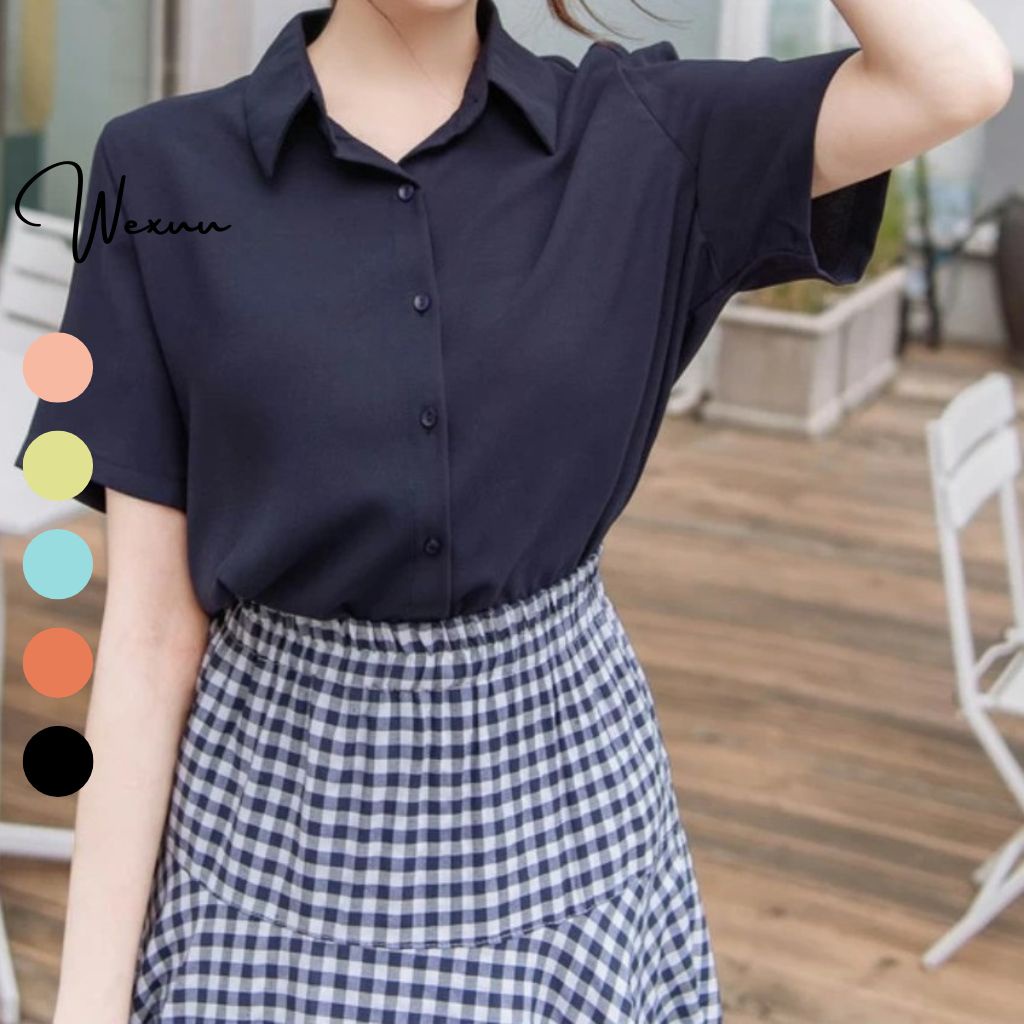 Áo nữ cộc tay Wexuu Design, áo sơ mi chất vải lụa hàn dáng suông mịn mát chống nhăn- SM19 Đen