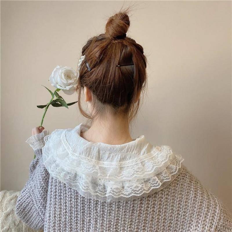 Cute Lace Floral Women Shirt Pleated Doll Lapel Collar Long Sleeve Blouse Student Shirt