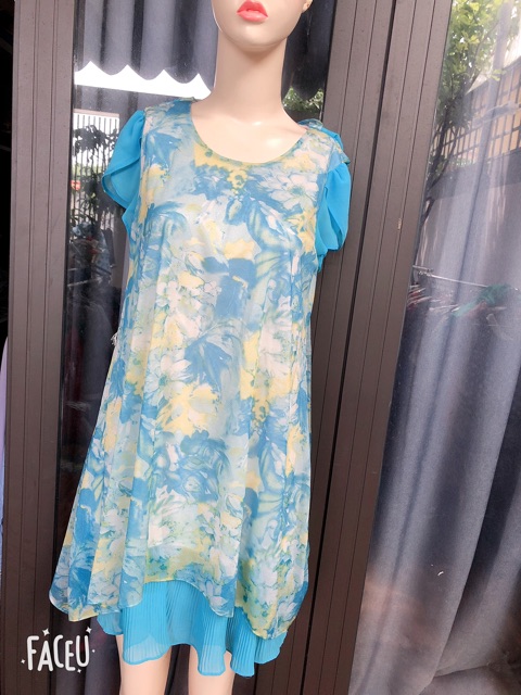 Đầm voan họa tiết hoa màu xanh combo