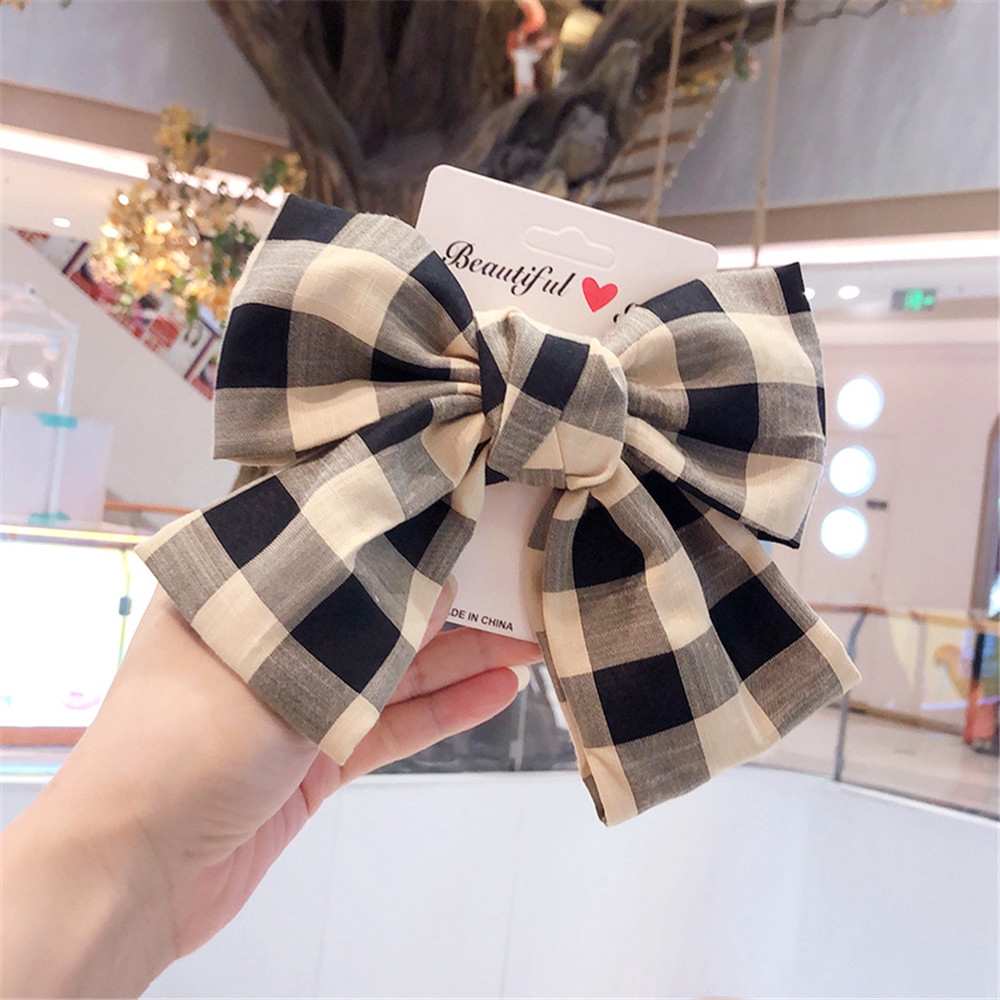 Kẹp Tóc Trang Trí Nơ Họa Tiết Sọc Caro Phong Cách Retro Xinh Xắn Cho Nữ