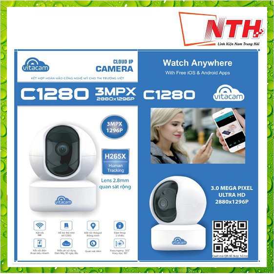 𝑺𝑰𝑬̂𝑼 𝑹𝑶̃ 𝑵𝑬́𝑻 Camera IP Wifi Vitacam C1280 3.0MP FullHD+ 1536P hồng ngoại ban đêm - đàm thoại 2 chiều (Trắng)