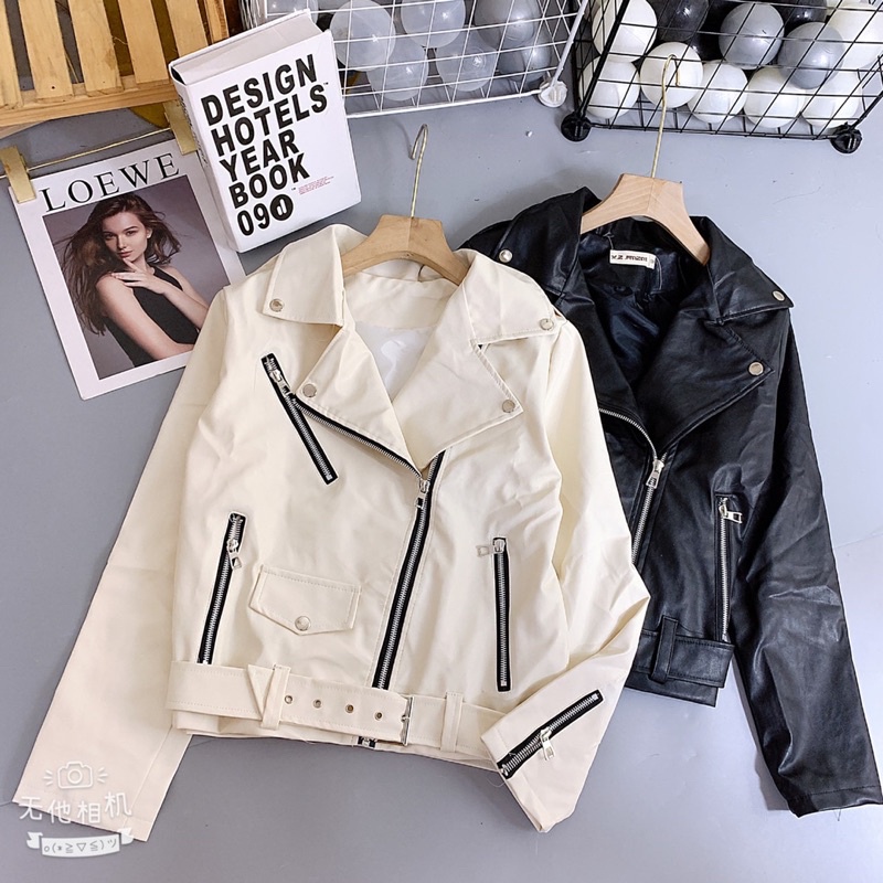 Áo da cài khoá kèm đai siêu sịn