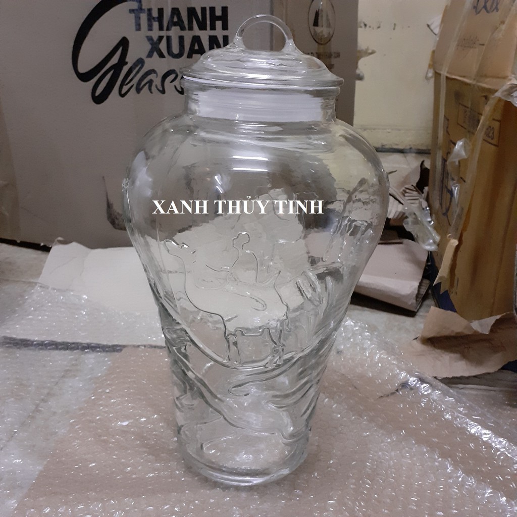 Bình thủy tinh họa tiết LẠC ĐÀ ngâm sâm, nấm, hoa quả trong veo - 10 lít