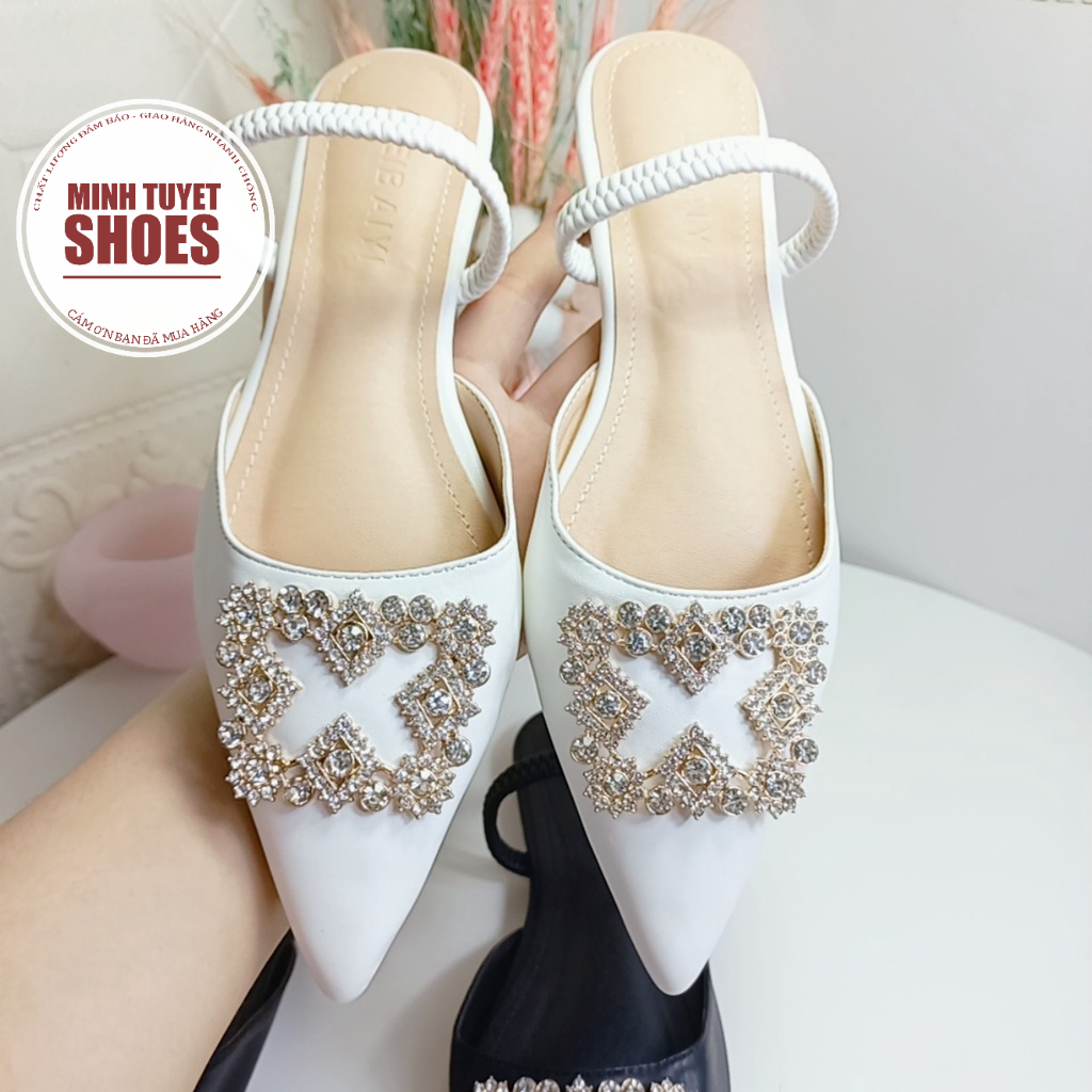 Giày sục nữ Minhtuyetshoes mũi nhọn đính đá- Sục nữ đế bệt khóa đá mẫu mới 2022 đi tiệc-giày cô dâu xinh xắn mã GCD01