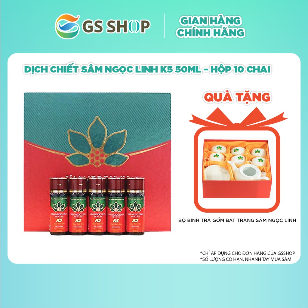 Dịch chiết Sâm Ngọc Linh K5 50ml – Hộp 10 chai | TẶNG: Bộ bình trà gốm Bát Tràng Sâm Ngọc Linh
