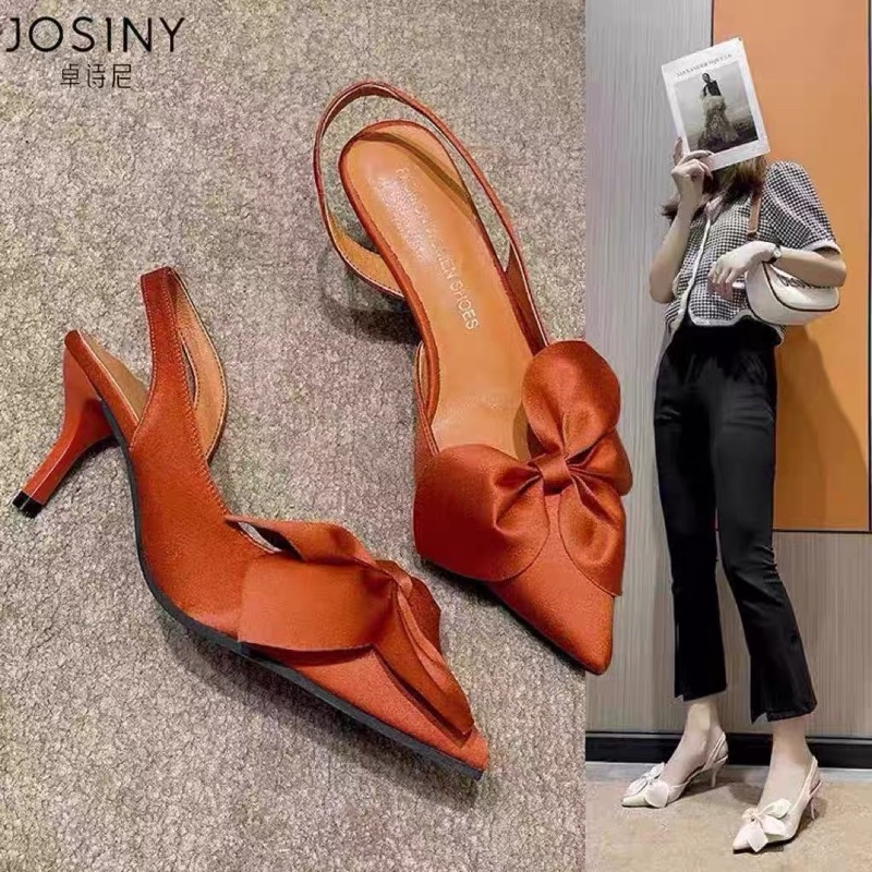 SALE— Sandal hở gót satin mũi nhọn nơ hoa BIG SIZE 41-43