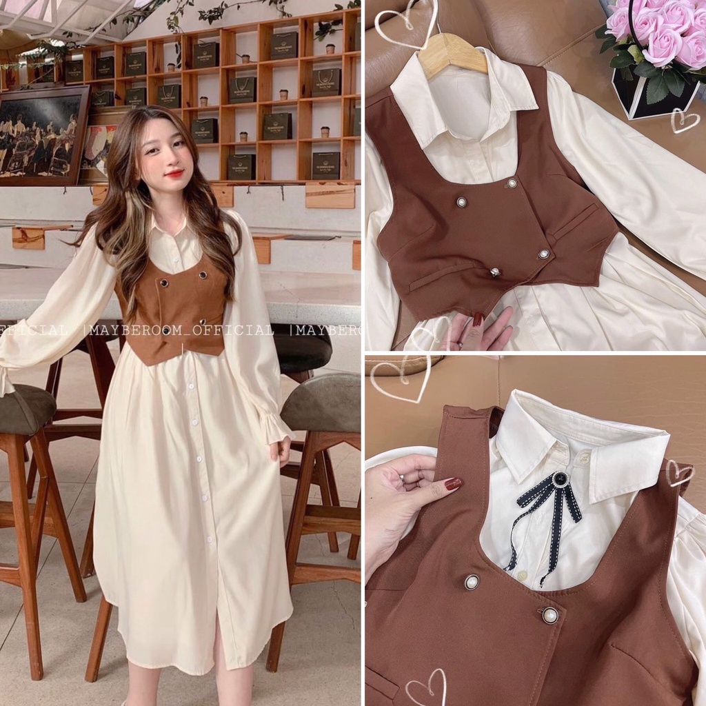 Set đầm midi nude + áo gile nâu vintage công sở nhẹ nhàng
