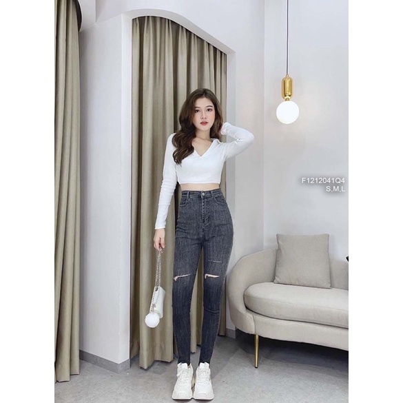 Về sll  🌺 Quần jean dài ôm phối màu cắt đùi hai bên lưng cao! HÀNG VNXK Size: S,M,L Chất jean dày
