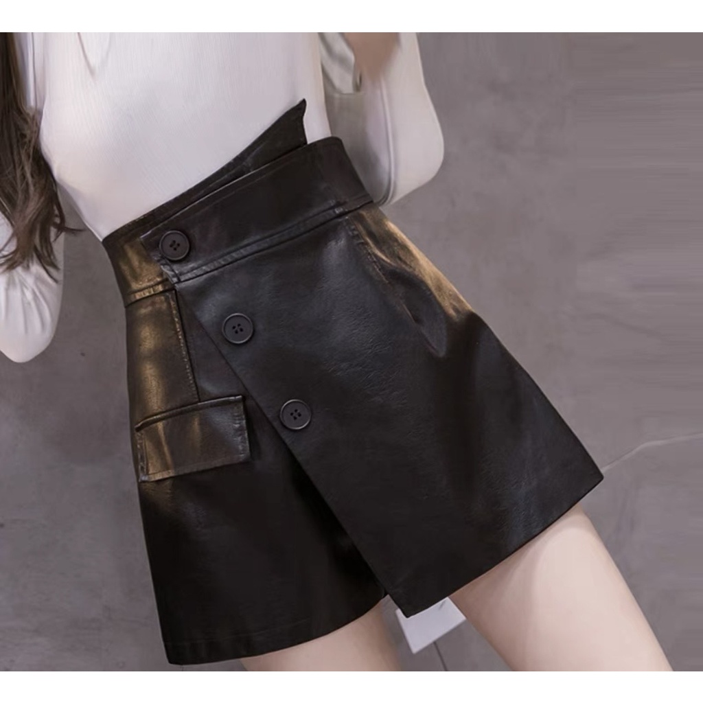 Chấn Váy Da Cao Cấp Chữ A  Vạt Lệch Cúc Chéo Dáng Ngắn Công Sở Ôm Body Hàn Quốc