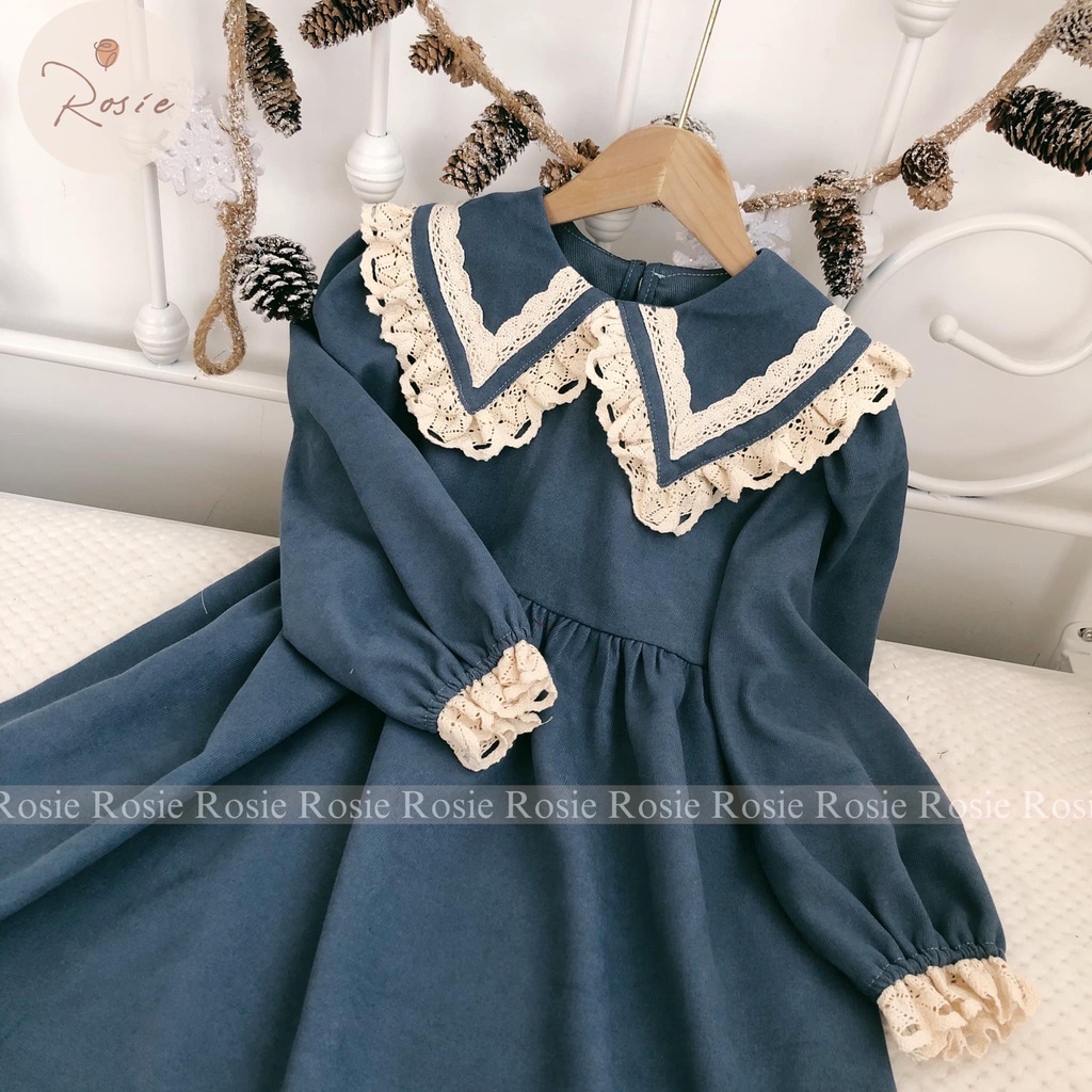 Váy nhung xanh Navy cổ ren ROSIE V86 chất nhung cổ ren điệu và sang chảnh cho bé gái từ 9-43kg