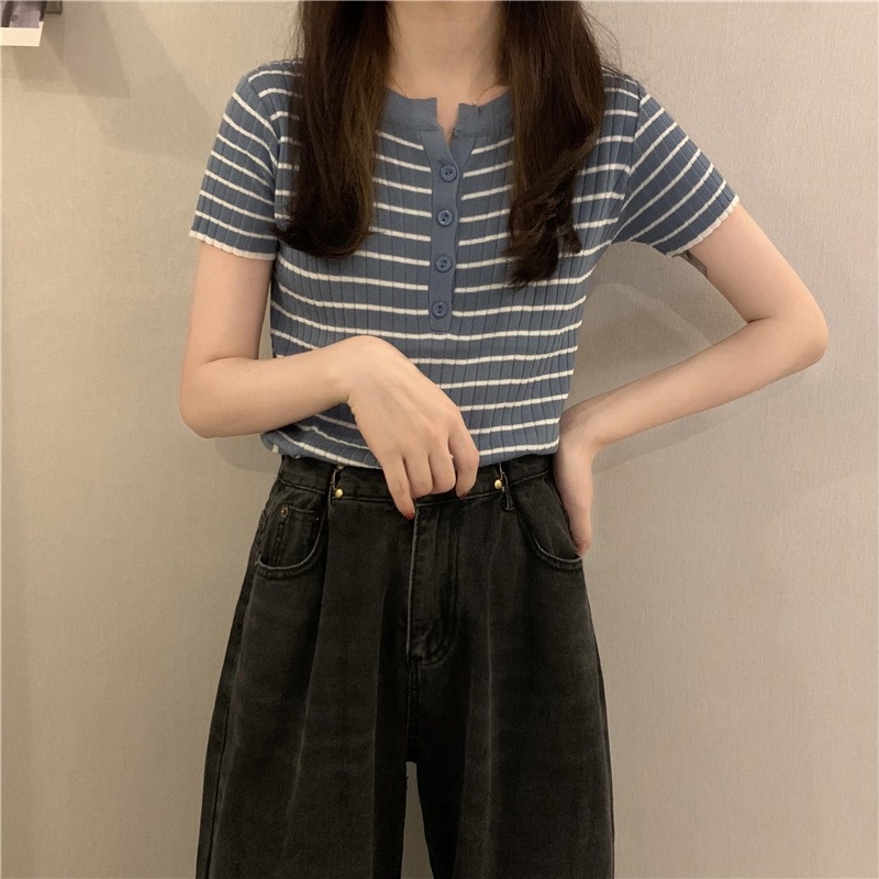 【Hana and Alice】Áo Dệt Kim Ngắn Tay Họa Tiết Kẻ Sọc Thời Trang