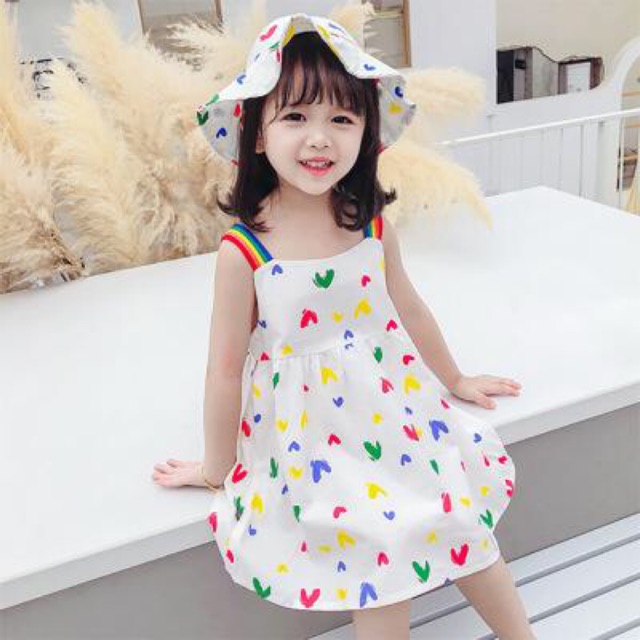 Đầm 2 Dây Họa Tiết Trái Tim Cho Bé Gái