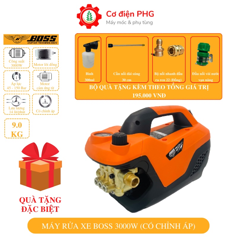 Máy rửa xe chỉnh áp BOSS công suất 3000W dùng xịt rửa xe, vệ sinh máy lạnh | Model BO-3000W| Bảo hành 12T