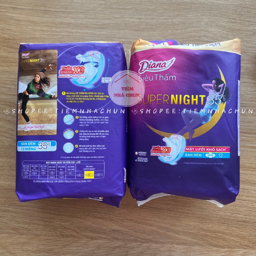 Gói 3 Miếng và Gói 12 Miếng Băng Vệ Sinh Diana Super Night Siêu Thấm Có Cánh CHÍNH HÃNG