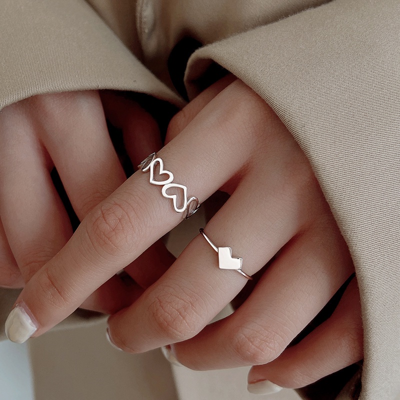 ✨✨Nhẫn 2 Pcs Fashion Heart Silver Finger Ring Simple Hollow Adjustable Party Rings for Women Gorl Jewelry Gift