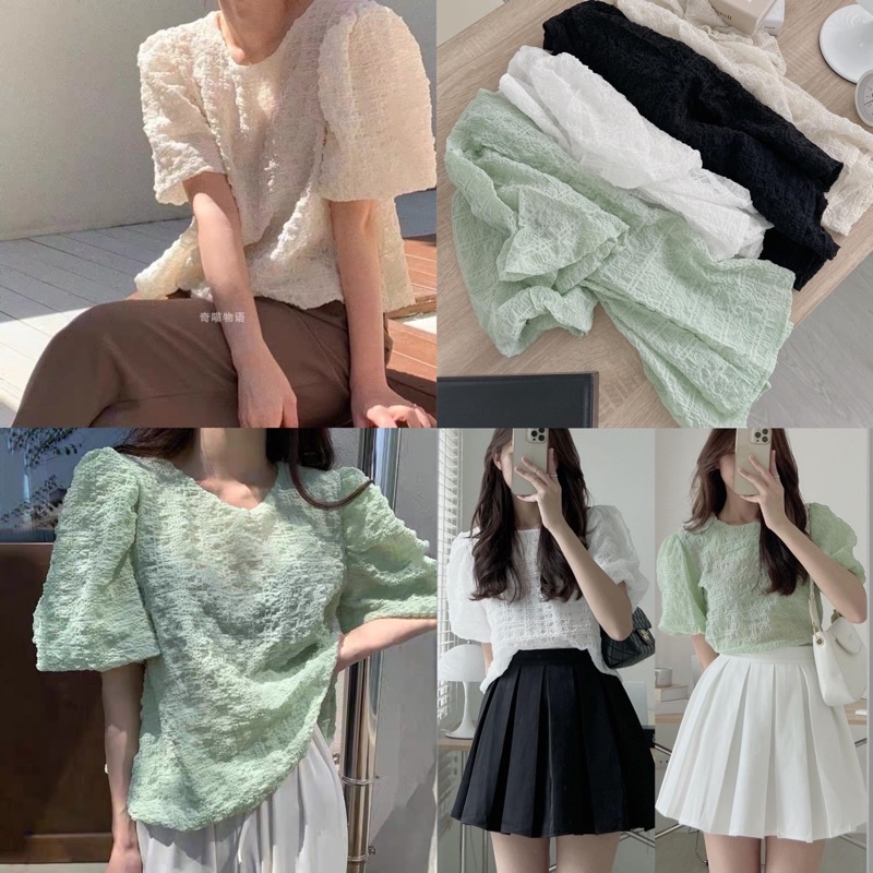 Áo sơ mi xốp sần Smile tay bồng form to bay bay tiểu thư Áo sơ mi cổ tròn hàn quốc
