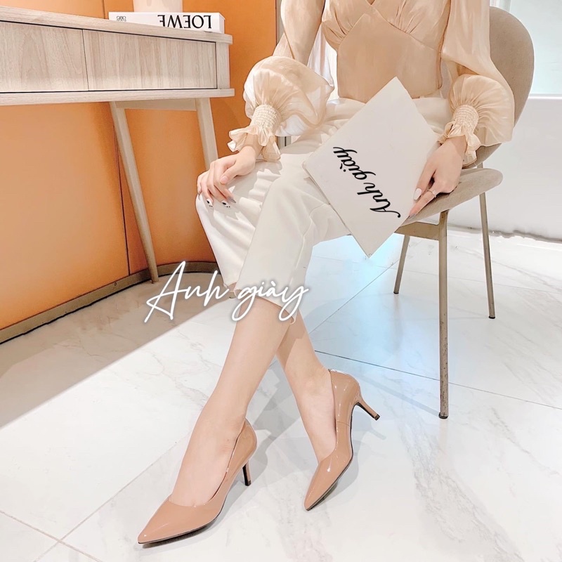 CG50 - Giày cao gót, gót nhọn da bóng trơn công sở 5p lót mút siêu mềm , phù hợp đi làm, đi học ,đi chơi form basic
