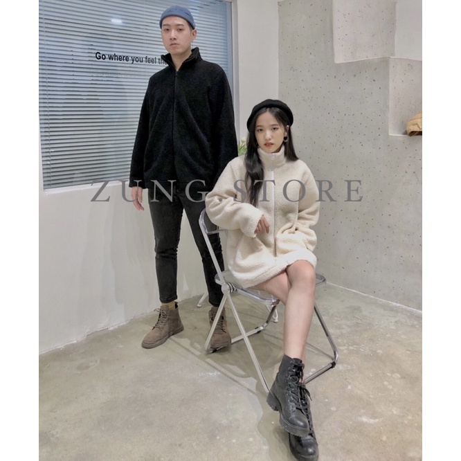 Áo khoác lông cừu mịn freesize cổ cao, dáng rộng nam nữ, couple 2 màu trắng kem và đen (ảnh thật shop chụp) | BigBuy360 - bigbuy360.vn