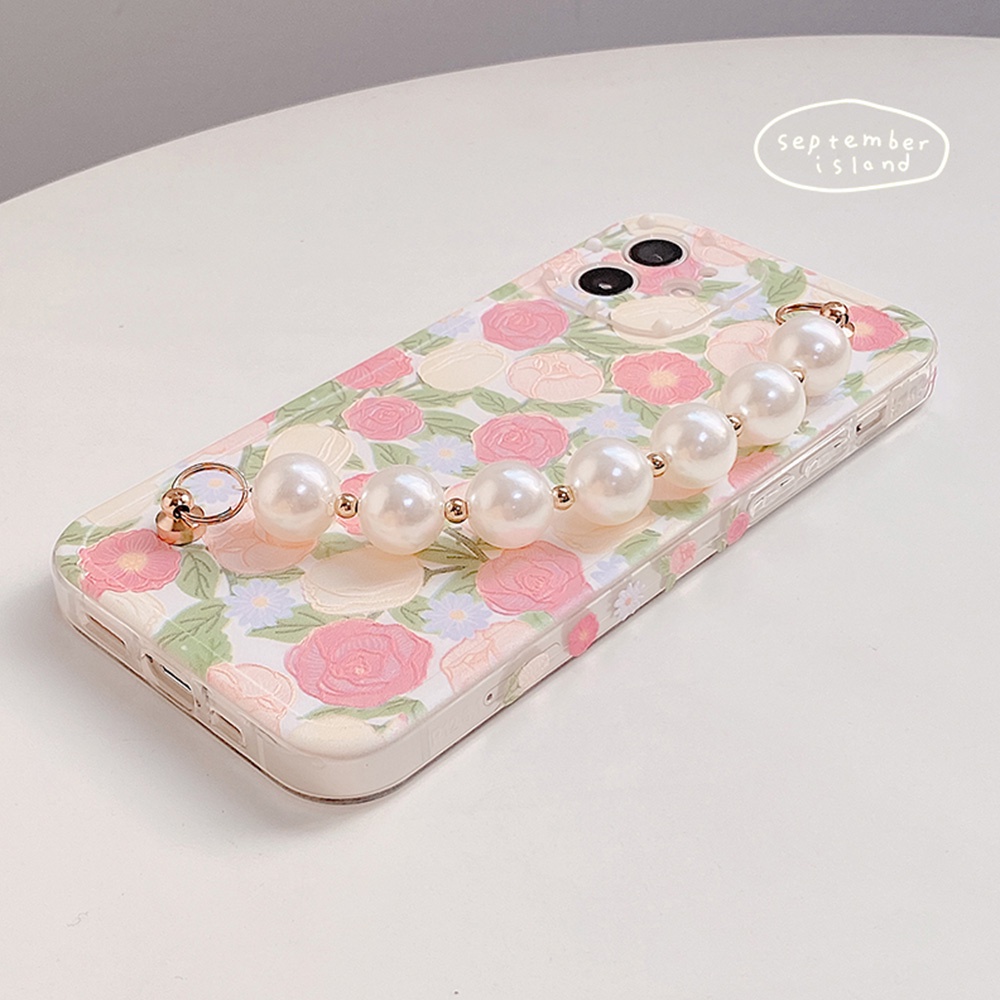 Ốp Điện Thoại TPU Dẻo Họa Tiết Hoa Đính Ngọc Trai Chống Sốc Kèm Vòng Đeo Tay Cho IPhone 14 13 12 11 Pro Max X Xs XR 8 7 Plus