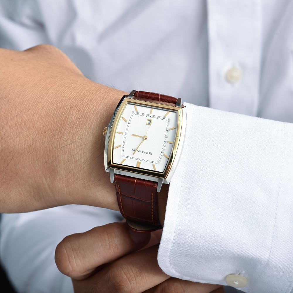 Đồng hồ Romanson Men Classic Watch TL4202MCWH mặt mỏng chữ nhật kính chống xước máy Thụy Sĩ dây da cao cấp chính hãng