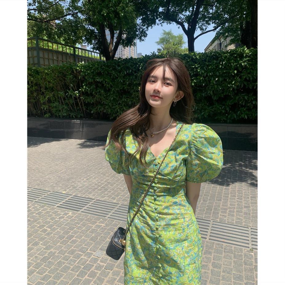 Đầm tay phồng cổ chữ V họa tiết hoa thời trang cổ điển cho nữ | BigBuy360 - bigbuy360.vn