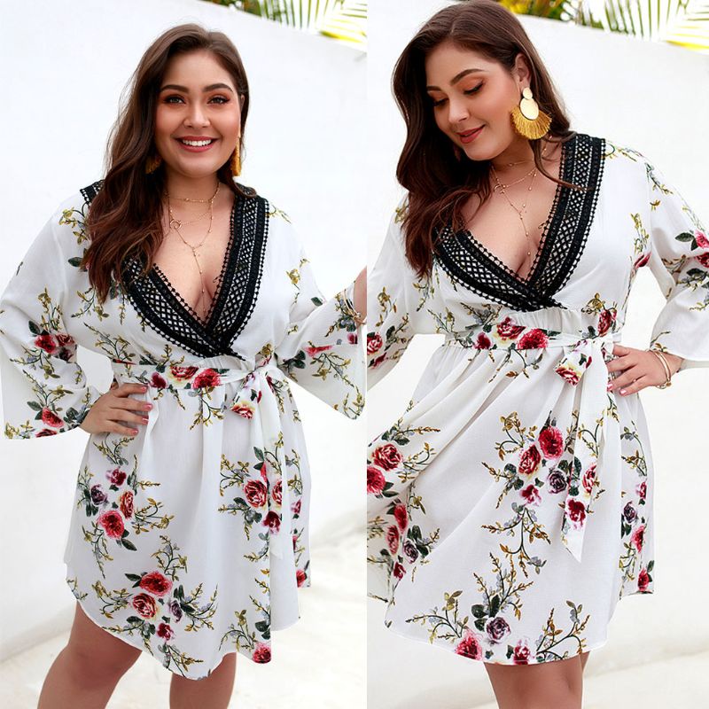 Đầm Ren Hoa Cổ V Sâu Thời Trang Mùa Hè Dành Cho Nữ 3 / 4 S Plus