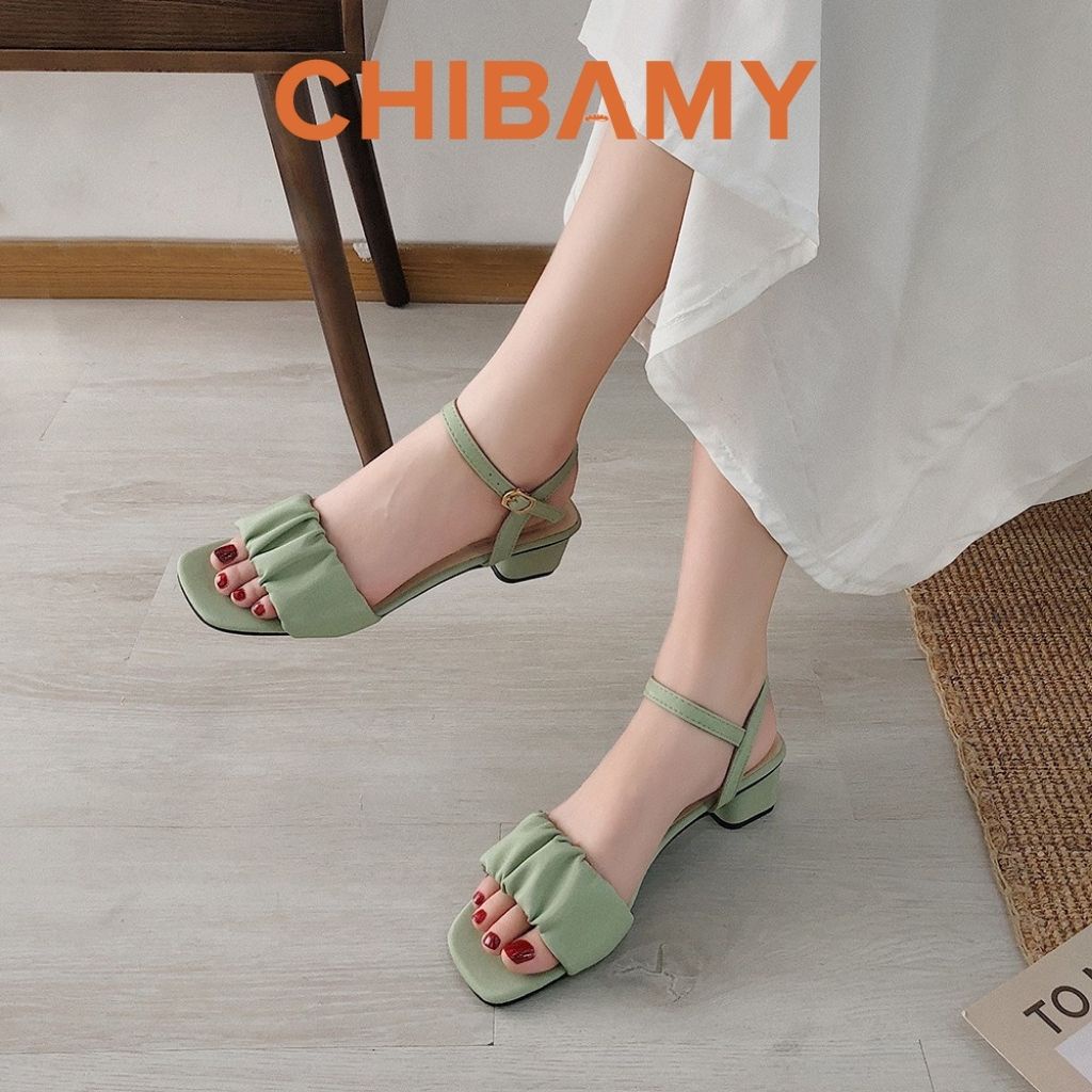 Dép sandal nữ đế vuông cao 3 phân quai nhăn CHIBAMY chất da mềm mịn