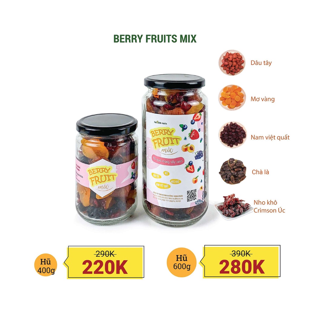 MIX FRUIT 5 quả mọng sấy lạnh (dâu tây + nho khô + việt quất + mơ sấy + chà là)