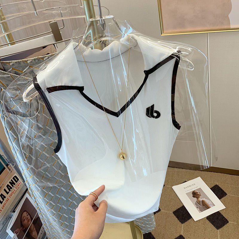Áo Thun Lụa Dệt Kim Sát Nách Cổ Polo Màu Sắc Tương Phản Thời Trang Mùa Hè Cho Nữ