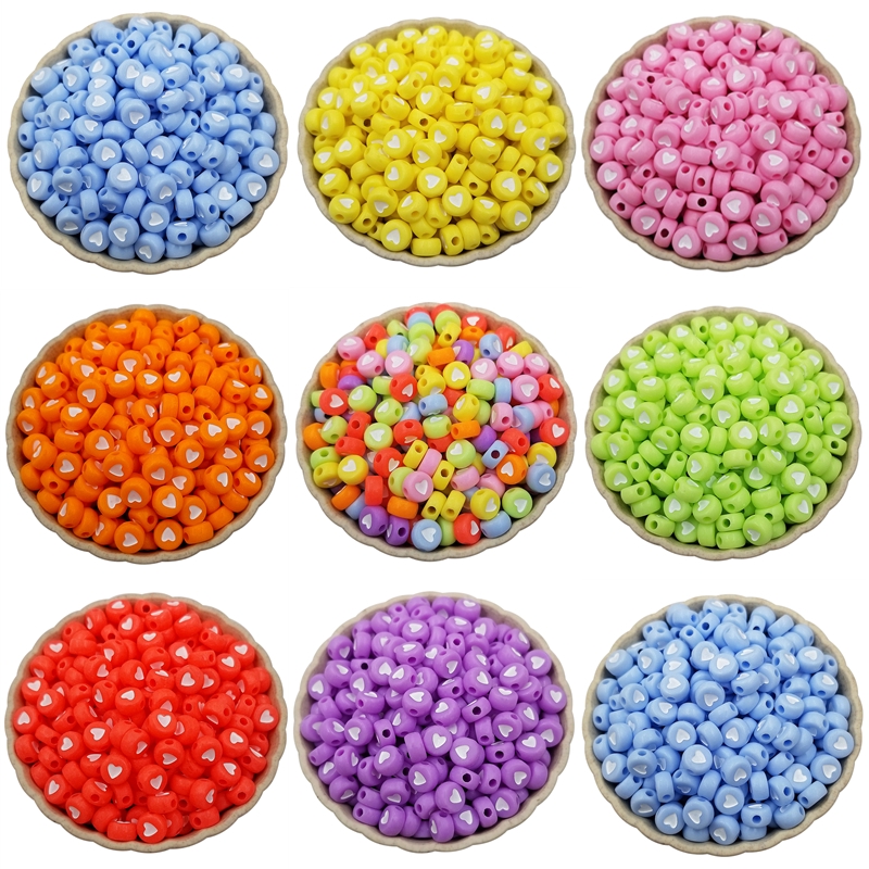 Bộ 100 hạt xâu chuỗi làm trang sức DIY hình tròn in họa tiết trái tim 7mm xinh xắn