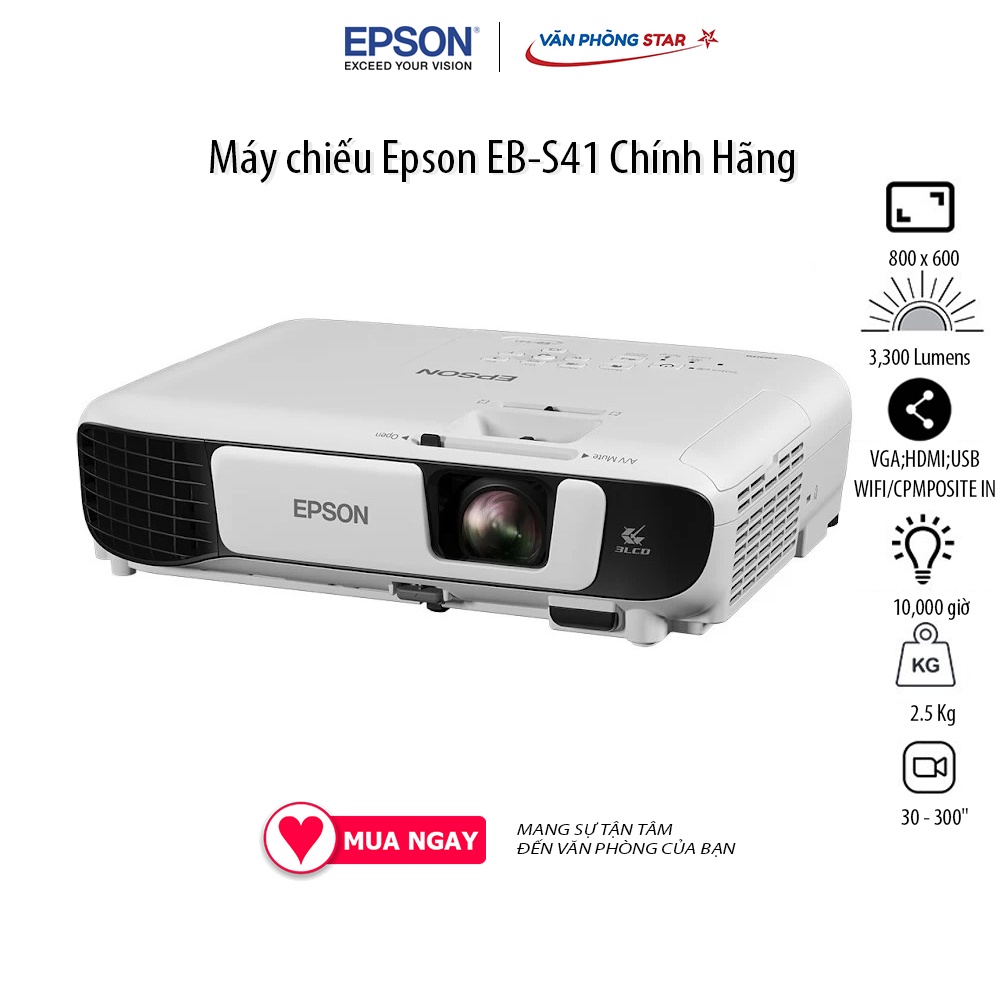 Máy chiếu Epson EB-S41 Chính Hãng. Độ phân giải: SVGA (800x600). Độ sáng: 3300 Ansi Lumens. Tuổi thọ 10000h