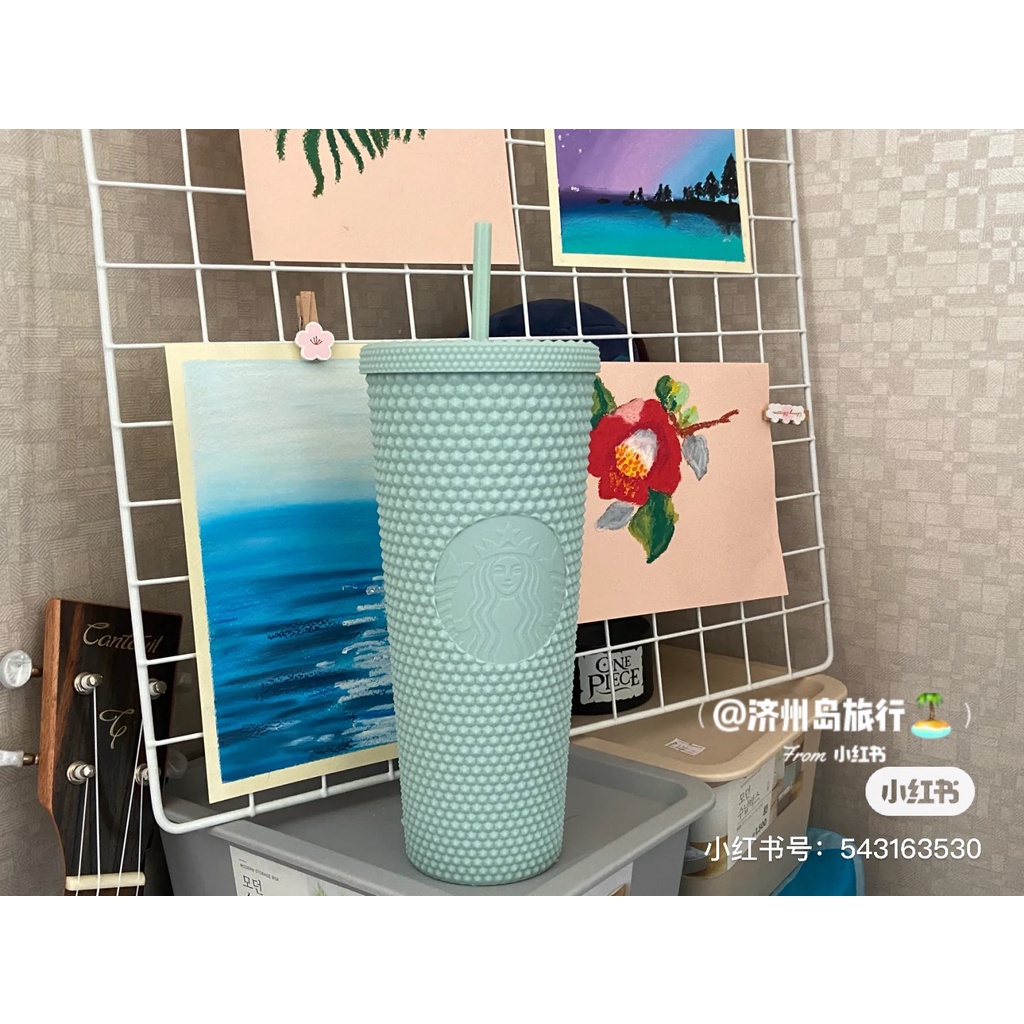 Ly Uống Nước Starbucks Có Ống Hút Màu Xanh Bạc Hà Họa Tiết Vân Kim Cương