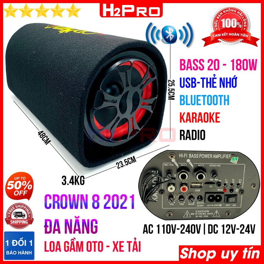 Loa bluetooth karaoke Crown 8 2021 H2PRO bass 20-180W đa năng USB-Thẻ nhớ-radio-2 jack mic, loa gầm ô tô cao cấp nghe nh