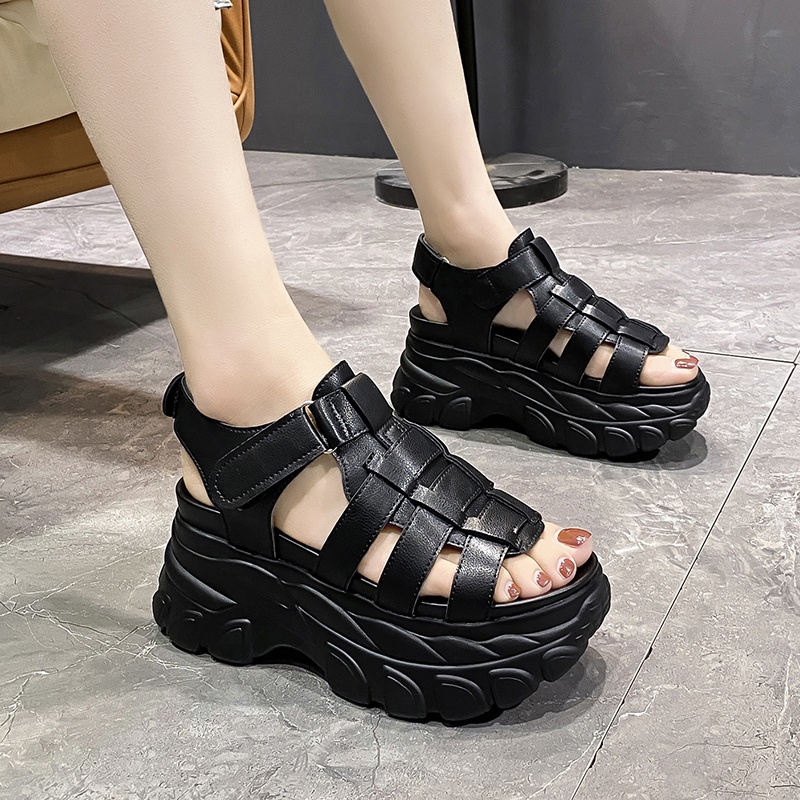 Sandan Hở Ngón Đế Xuồng Cao 9Cm Quai Dán Phong Cách Retro