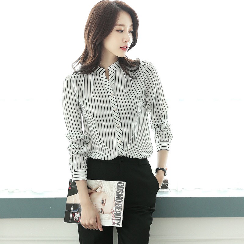 Áo sơ mi nữ công sở kẻ sọc đen trắng thời trang sm40
