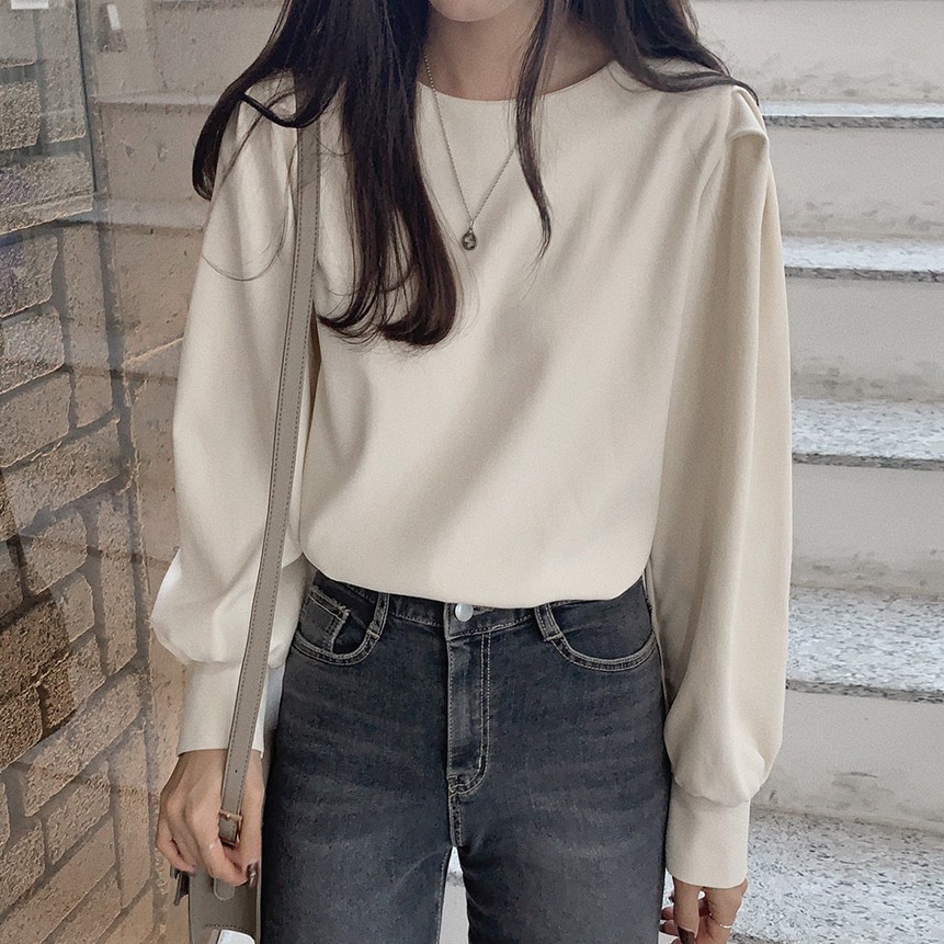 Áo sơ mi nữ cổ tròn dài tay màu trơn đơn giản 38654