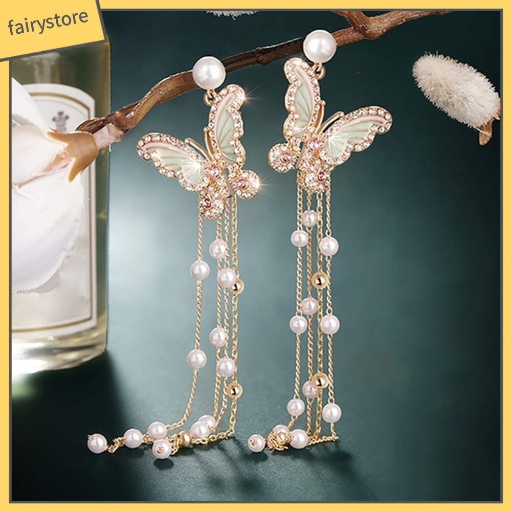 Bông Tai Dáng Dài Hình Bướm Đính Đá Lấp Lánh