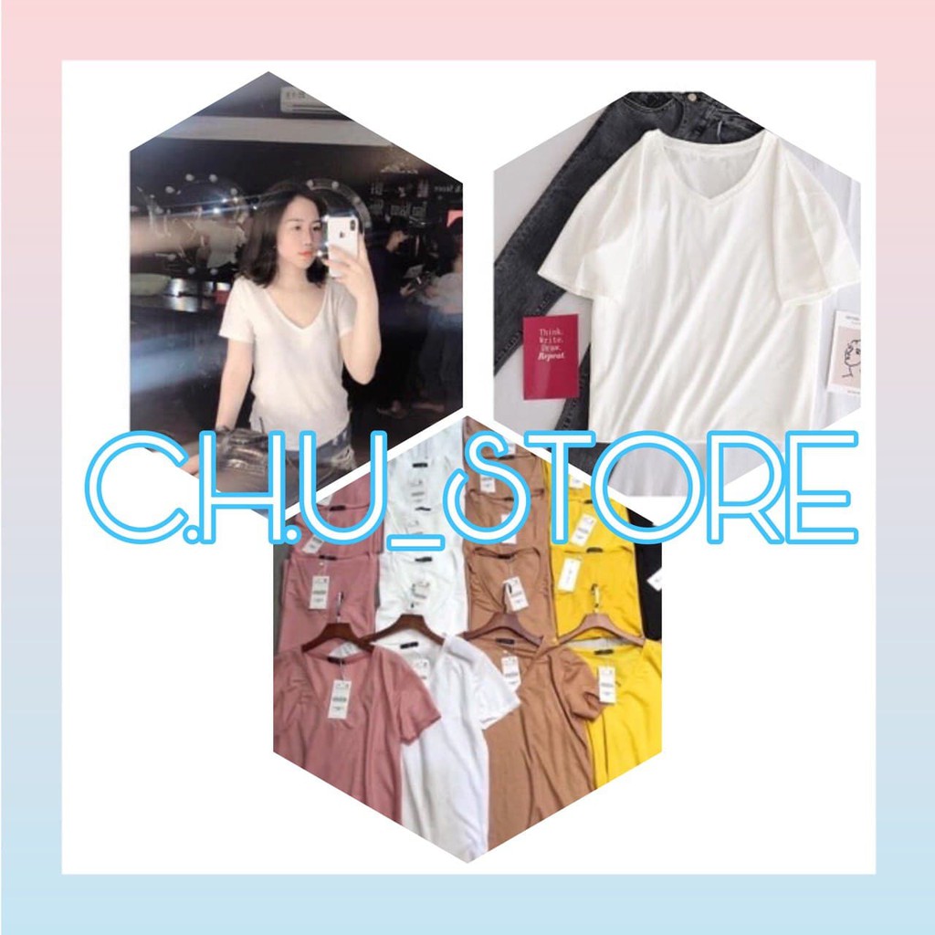 Áo Thun Lụa Giấy Cổ Tim C.H.U STORE Nữ [FREESHIP] 🌸 Phông trơn cao cấp, form rộng dáng suông màu ĐEN | TRẮNG | HỒNG  🌸