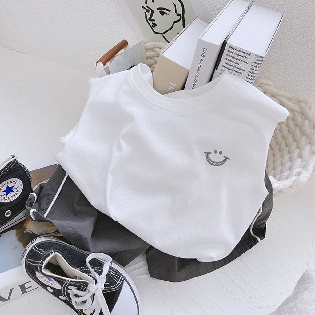 Đồ Bộ Bé Trai LILA KIDS, Bộ Sát Nách Thêu Miệng Cười Phối Quần Viền Cho Bé Từ 7-28kg