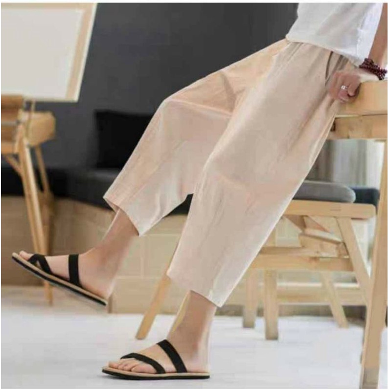 Quần dài lững qua gối unisex nam nữ chất đũi, dáng suông ống rộng lưng thun co giãn cao cấp phong cách thời trang nhật