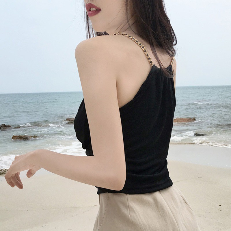 Áo tanktop nữ không tay phối chuỗi xích kim loại đeo cổ phong cách Hongkong