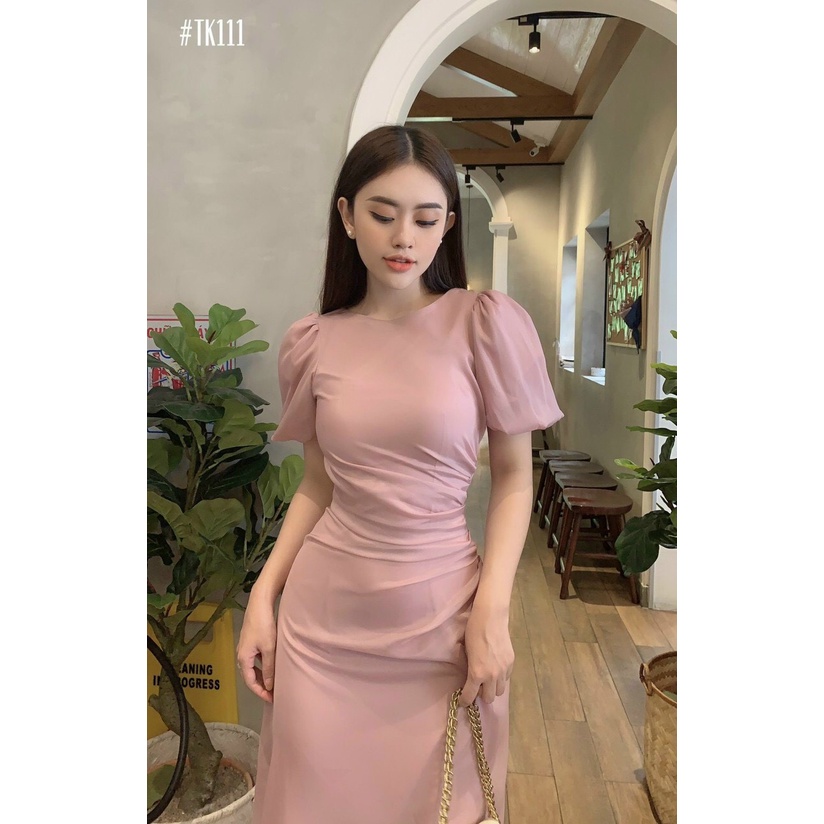 ĐẦM DỰ TIỆC MIDI ÁNH KIM NHÚN HÔNG