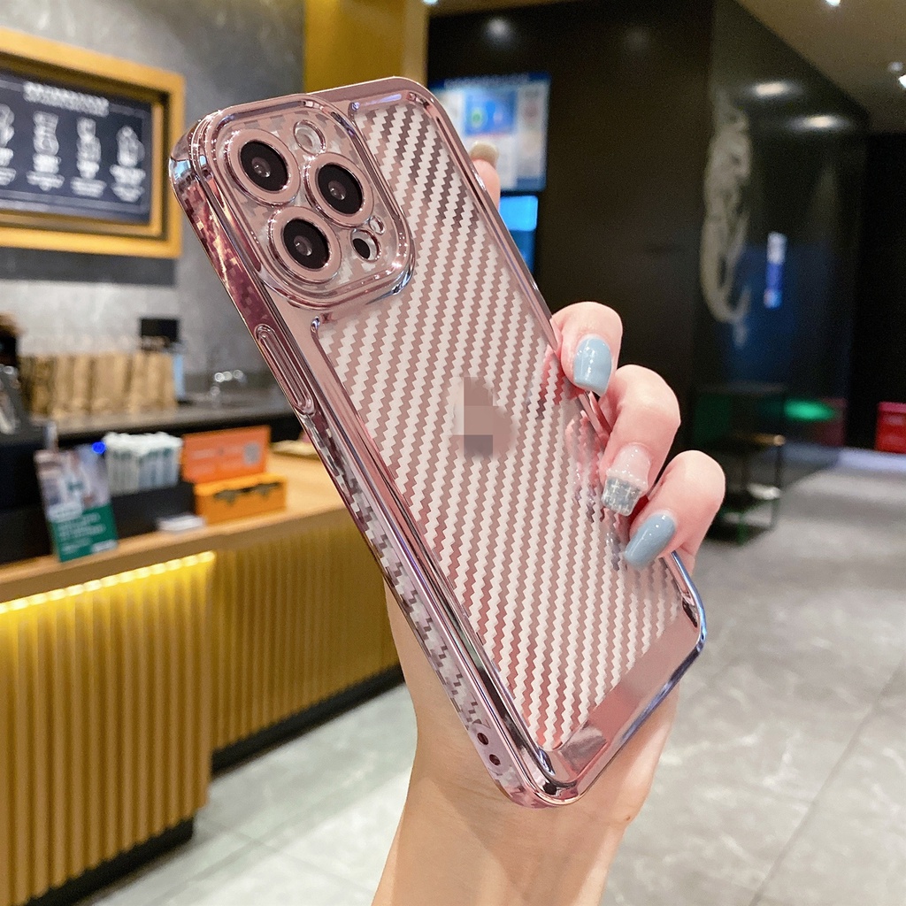 Sang Trọng Ốp Điện Thoại Silicon Mềm Trong Suốt Chống Sốc Mạ Sợi carbon Cho iphone 12 11 13 pro max x xr xs max 7 8 plus