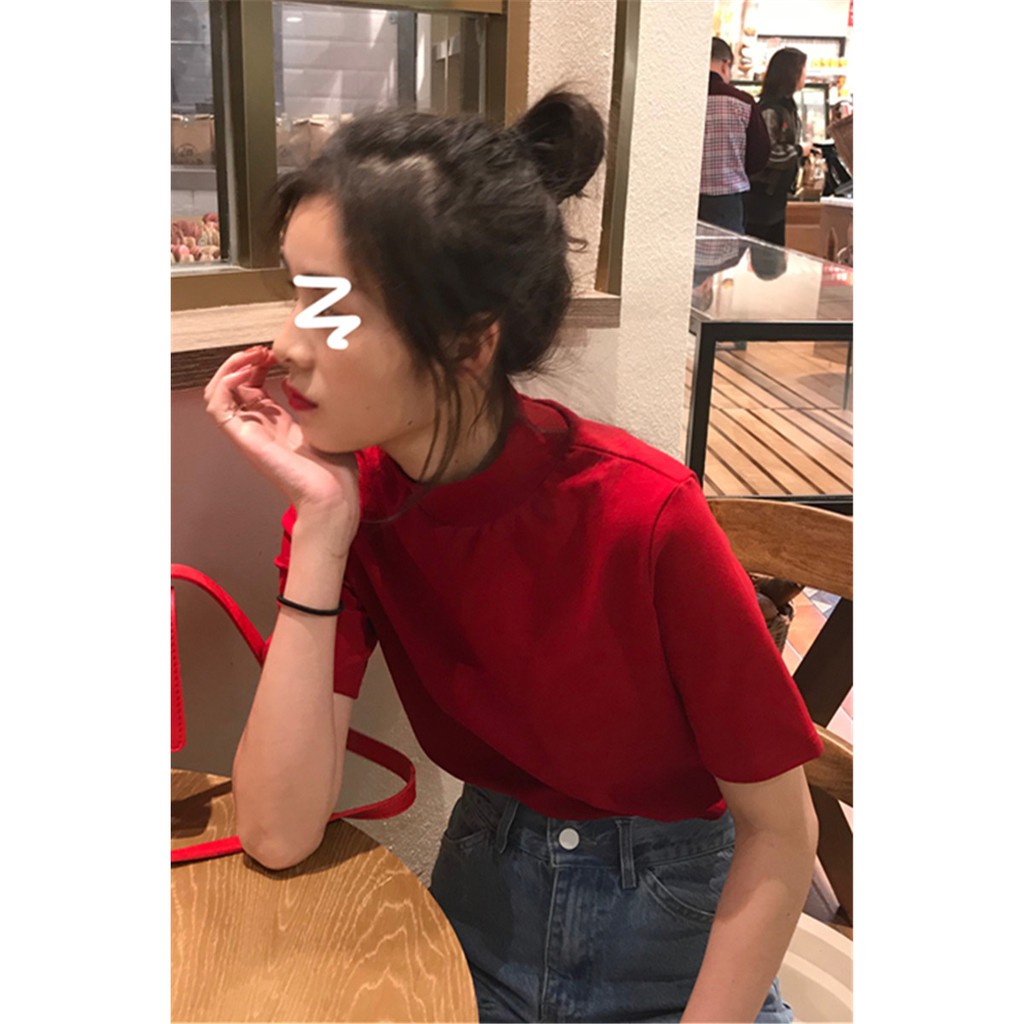 Áo thun nữ cộc tay cổ cao màu đỏ/đen đơn giản style Hàn Quốc