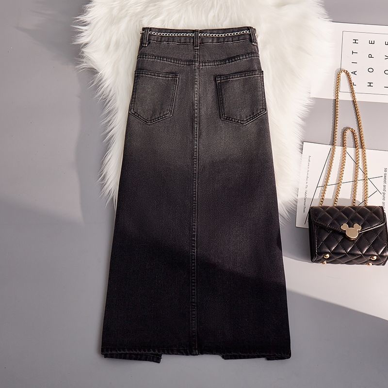 Jiashucheng Chân Váy Denim Dài Vừa Màu Xanh Dương Nhạt Gradient Mỏng Xẻ Tà Phía Trước Phong Cách Mùa Hè Cho