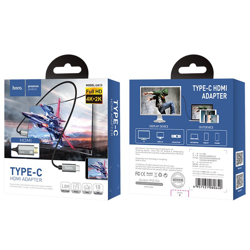 Cáp chuyển đổi TypeC sang HDMI Hoco UA13 vỏ hợp kim nhôm, hỗ trợ 4K, dài 1.8M (Xám) - Hãng phân phối