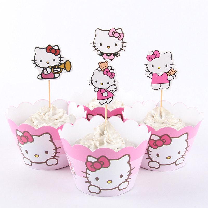 Set 24 món 12 giấy gói bánh cupcake + 12 que cắm in hình mèo hello kitty trang trí tiệc sinh nhật cho bé