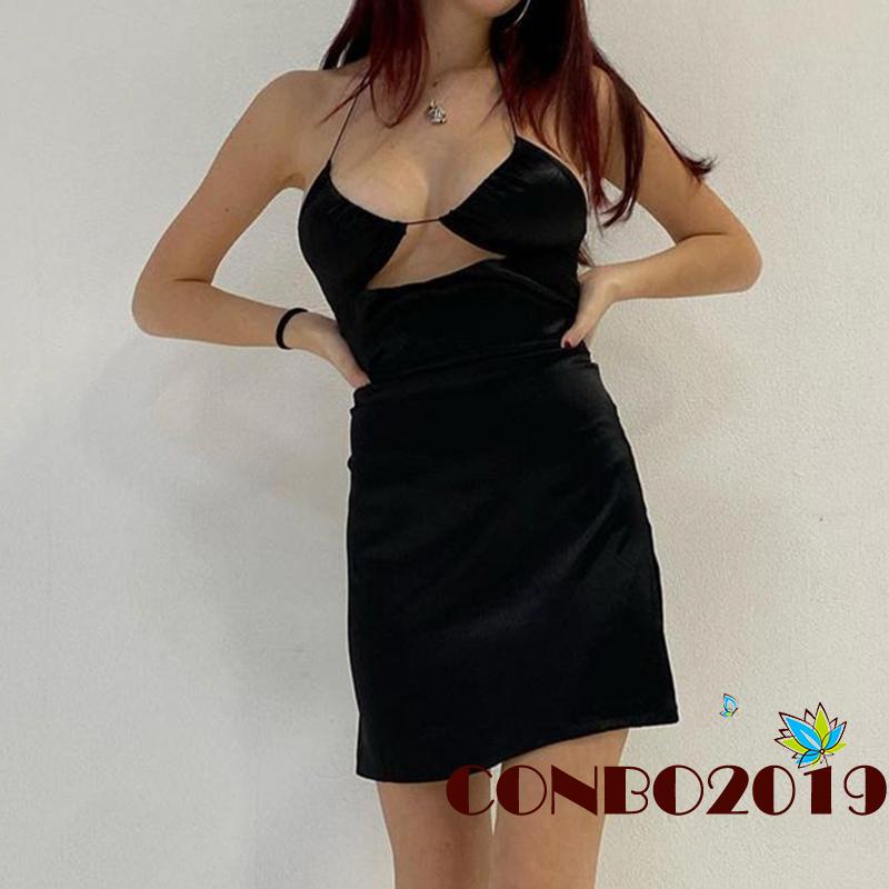 Đầm Ngắn Không Tay Cổ Yếm Cắt Sâu Màu Trơn Thời Trang Mùa Hè Cho Nữ