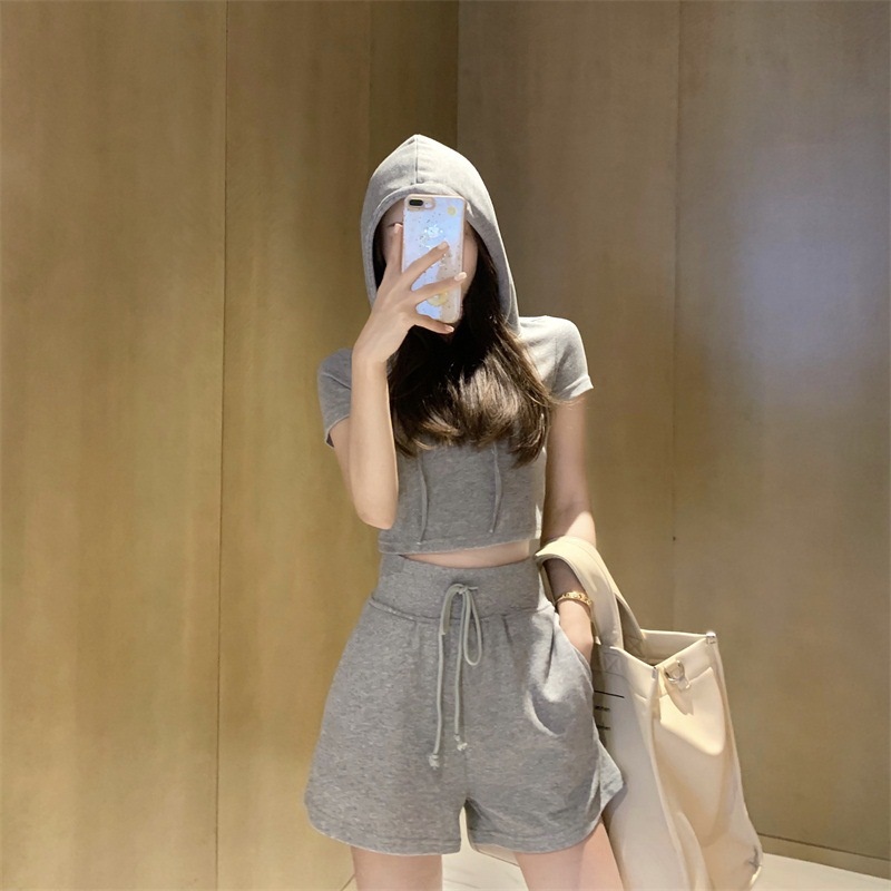 Set áo có mũ bằng cotton ngắn tay + quần short ống rộng thời trang mùa hè cho nữ